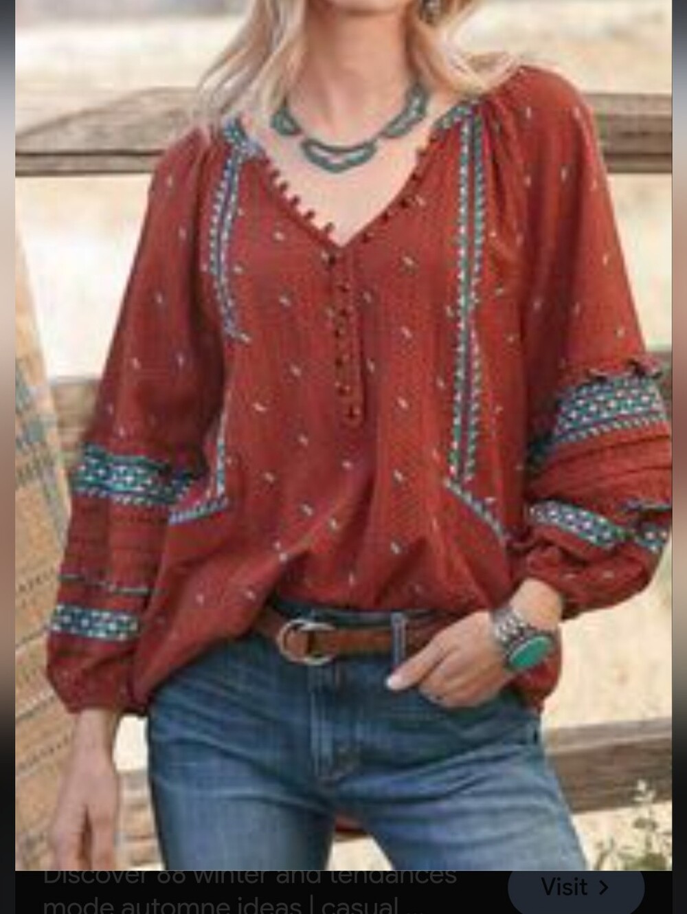 Sundance Boho Peasant Blouse Size Small Rust Turquoise Balloon Sleeve